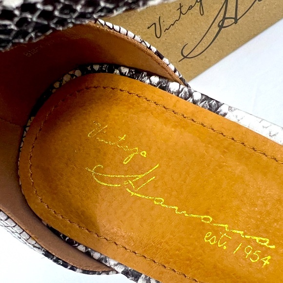 VINTAGE HAVANA,BLACK & WHITE SNAKE PRINT OPEN TOE MIDTOP, ADJUSTABLE ANKLE LOOP - Picture 9 of 15